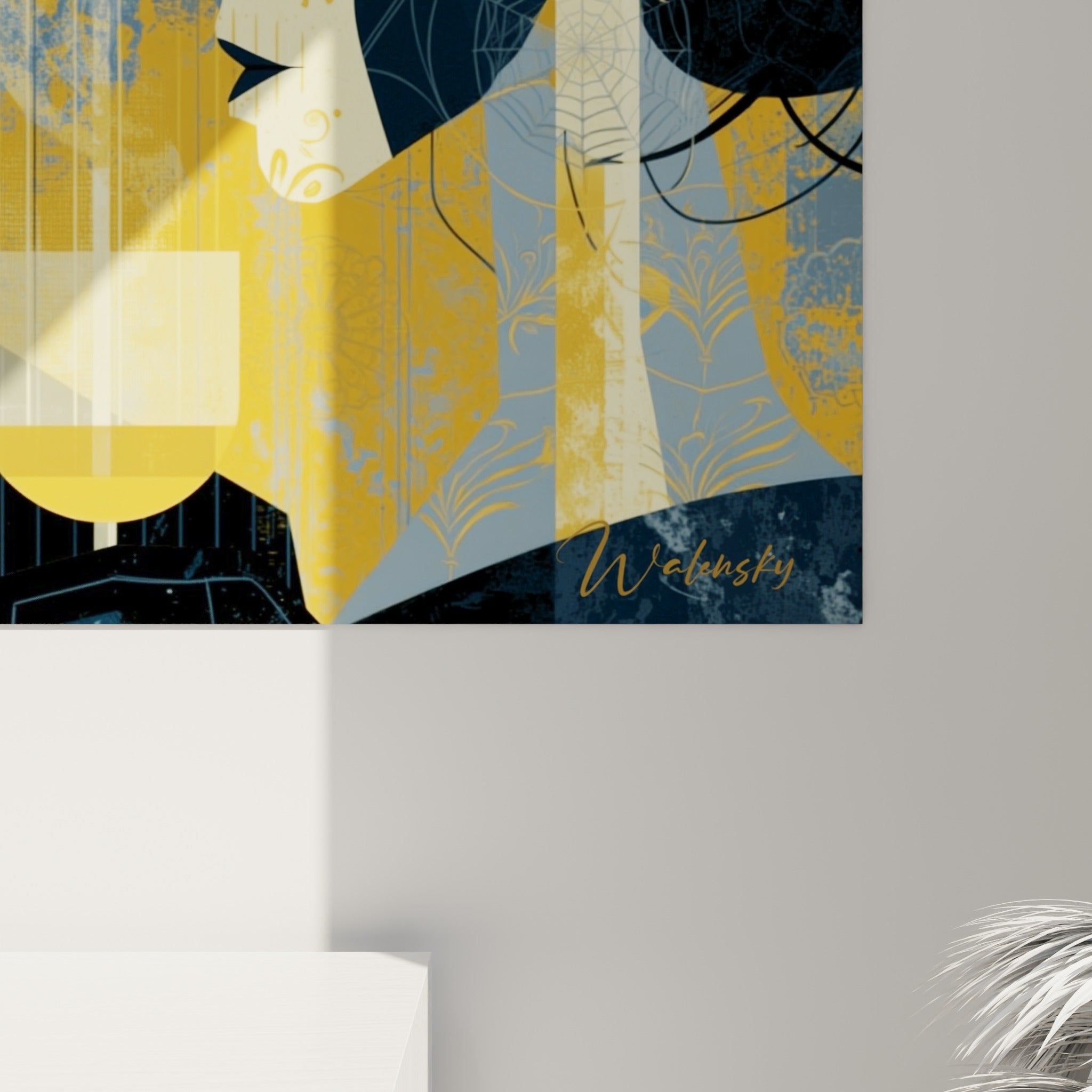 Détail des textures graphiques Dia de los Muertos, grain marqué entre ocre doré et bleu marine profond