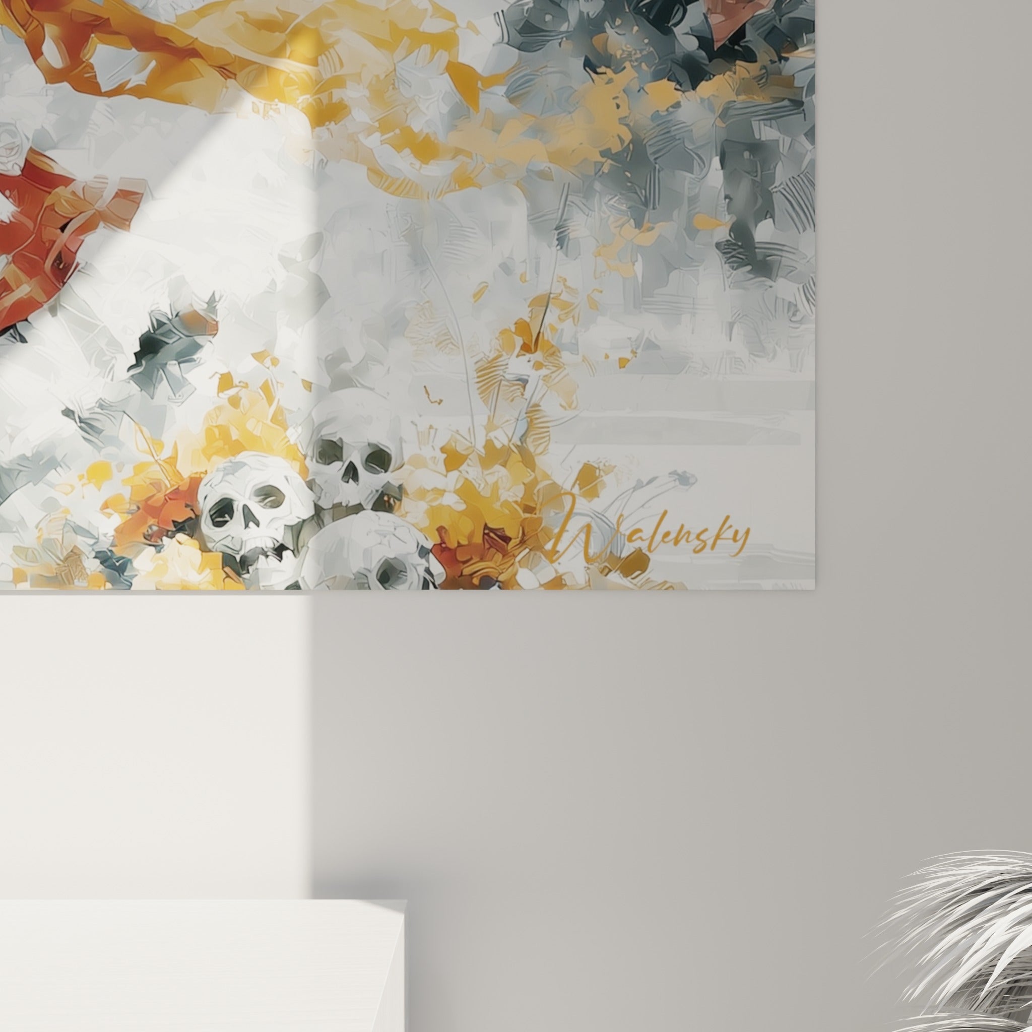 Empâtements orangés et rouges du sombrero et du drapeau, coulures picturales sur fond gris du tableau Dia de los Muertos