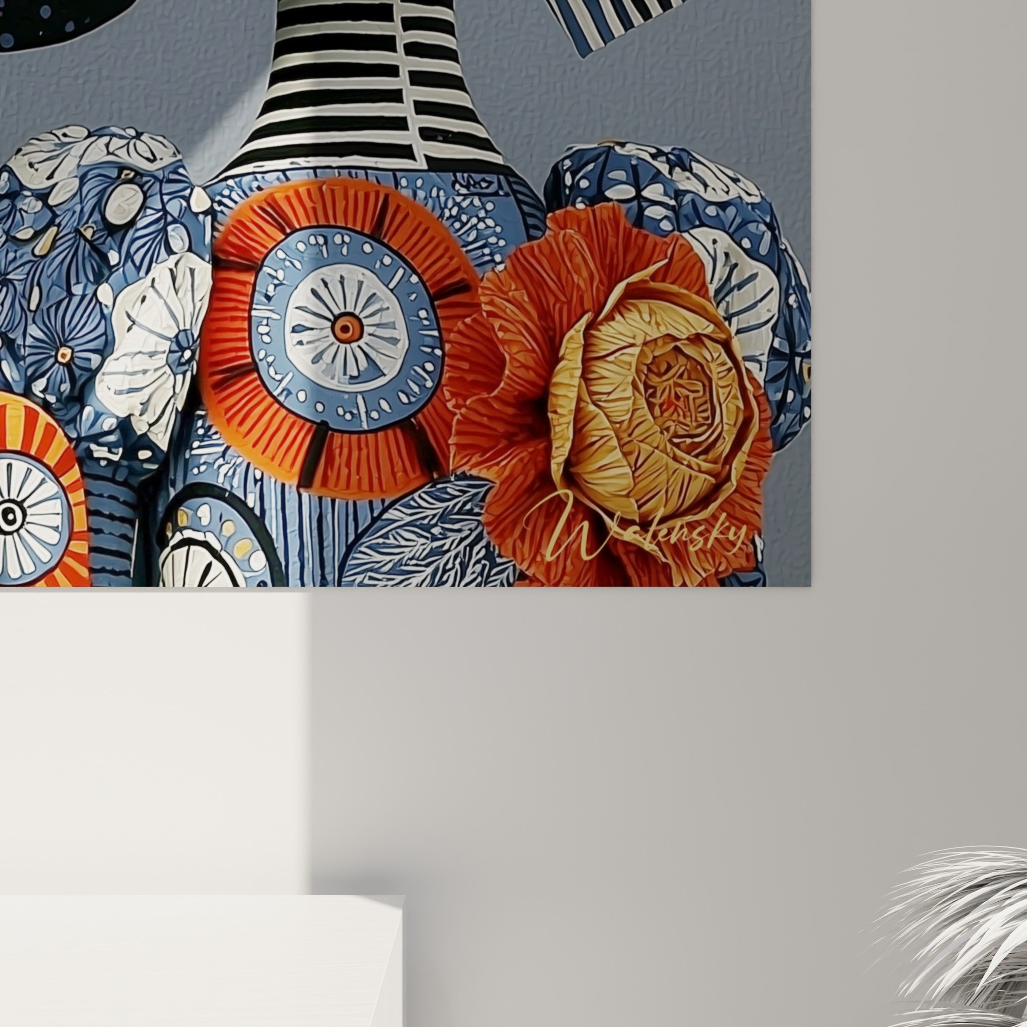 Détails peints du tableau Dia de los Muertos révélant les textures bleu marine et orangées de près