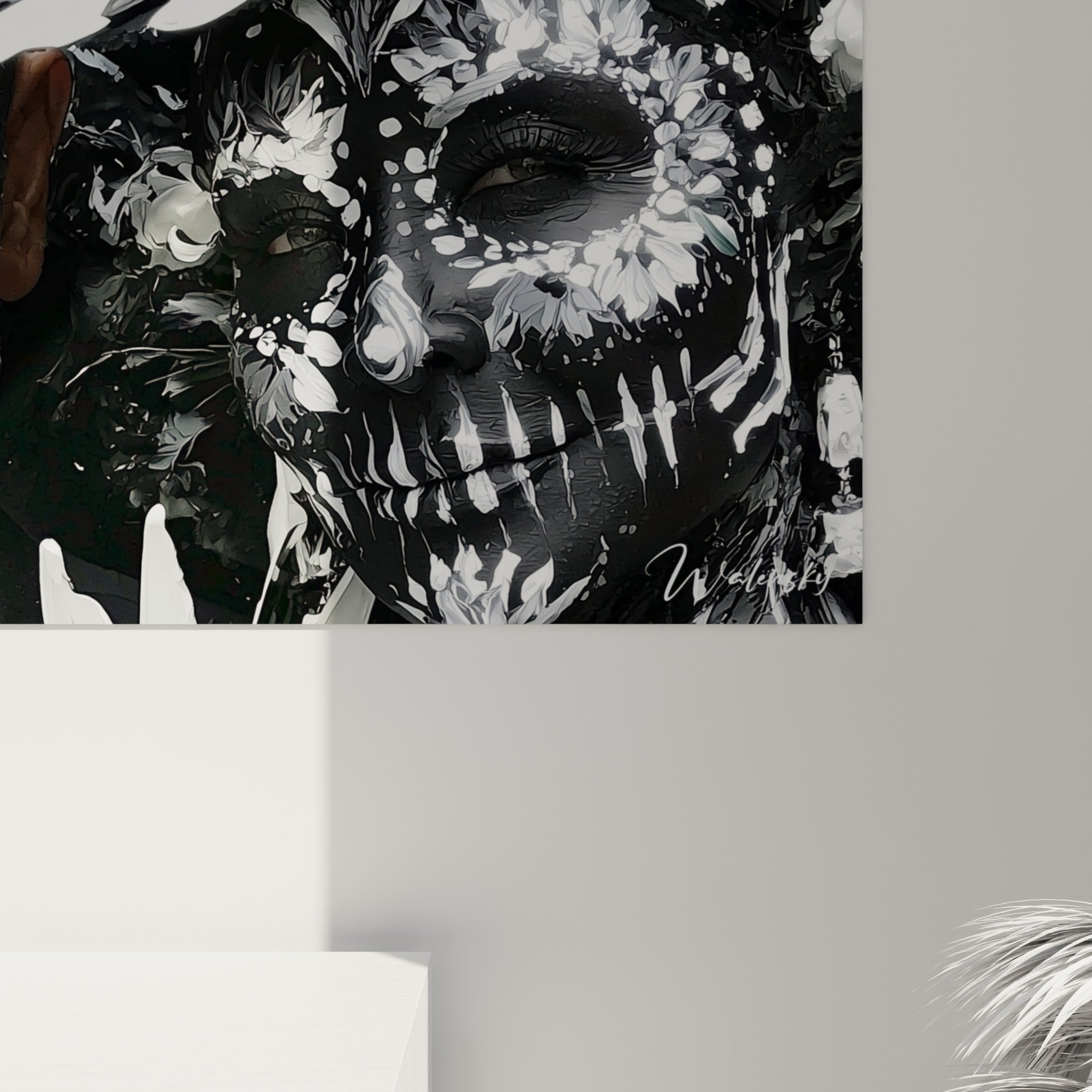 Détail du tableau Dia de los Muertos montrant empâtements blancs, coulures noires et grain de peinture sur toile