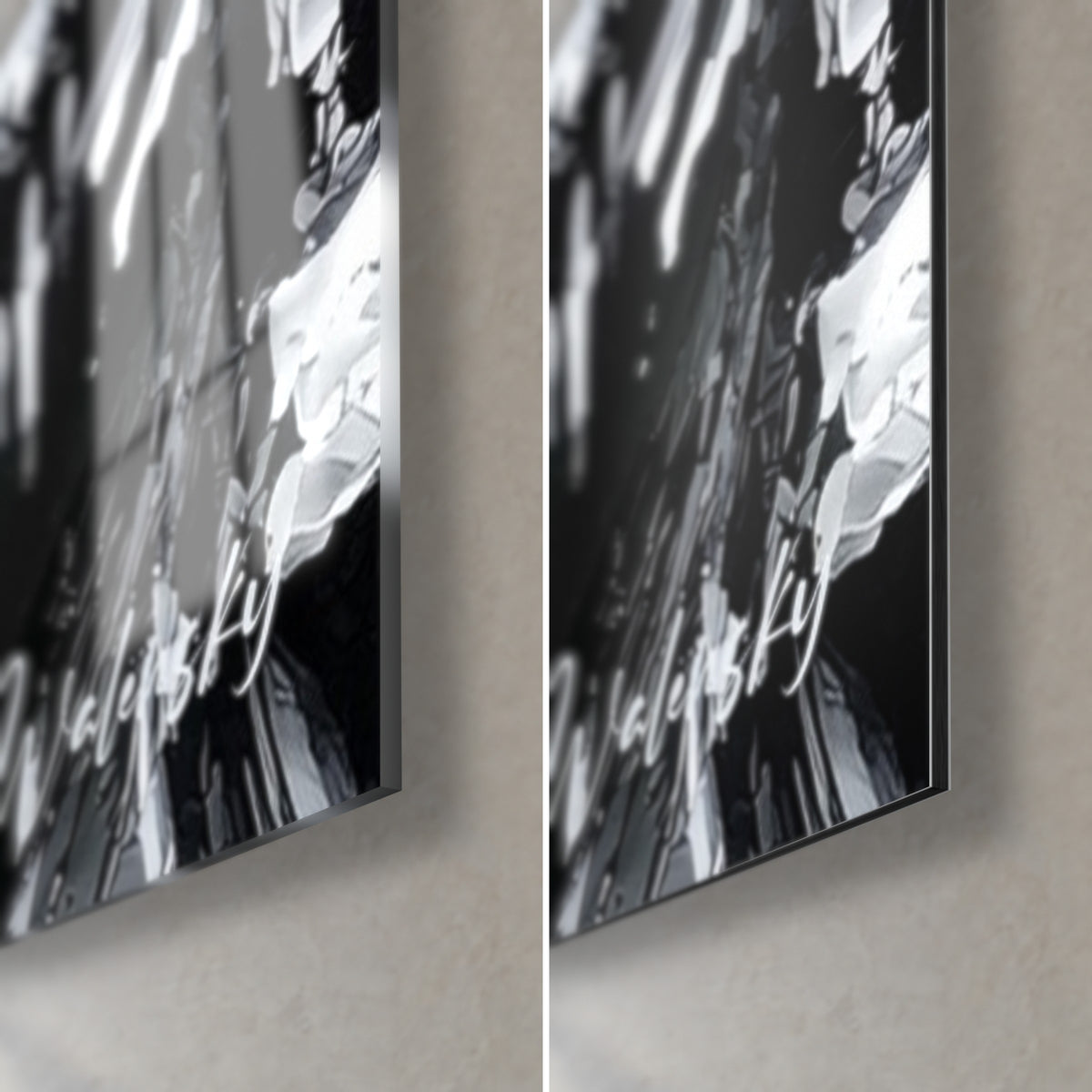 Schilderij met zwart-wit doodshoofdmake-up, rechtsonder: glanzend acrylglas links, mat zwart Dibond-aluminium rechts, rand van 3 mm