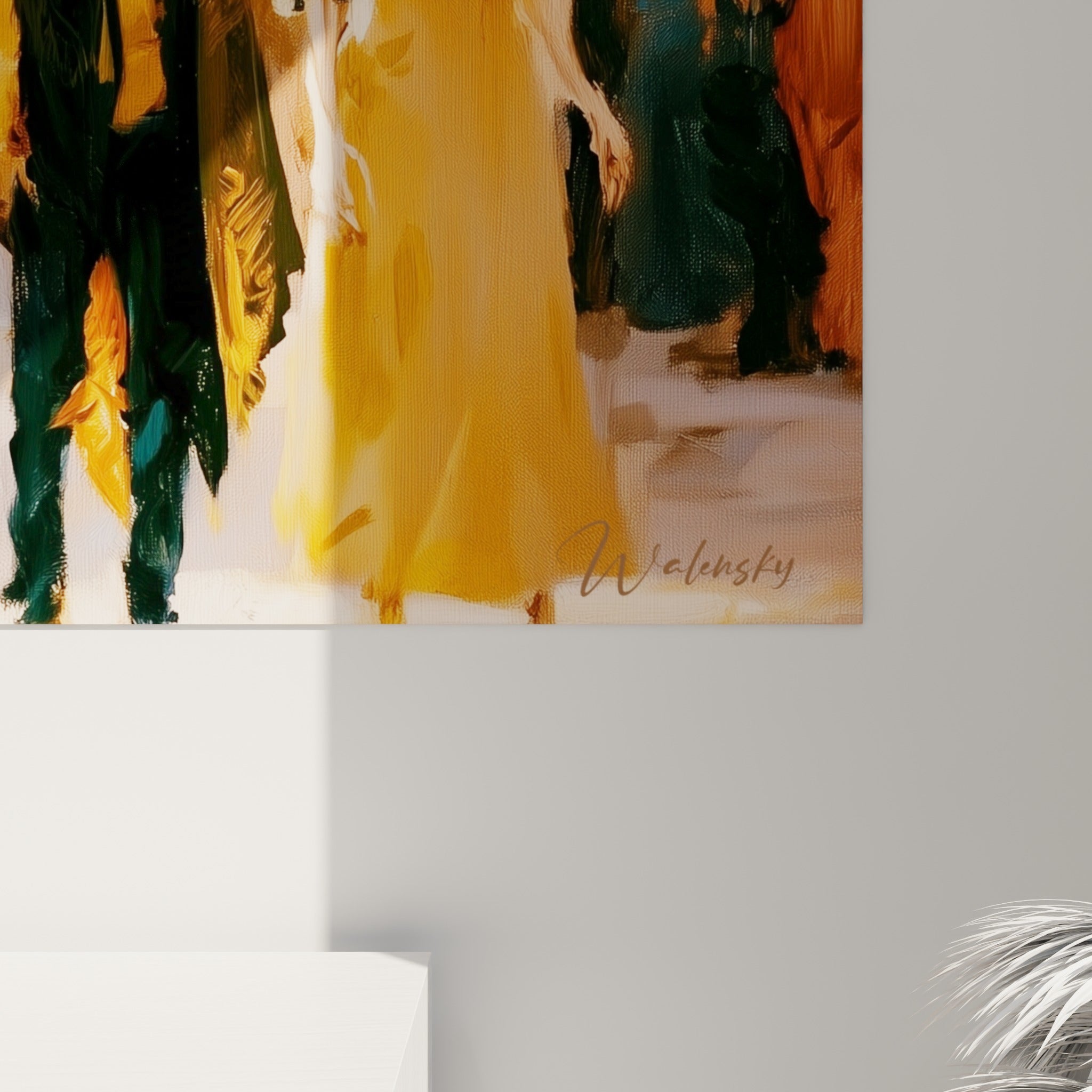 Empâtements dorés et coulures ocre visibles sur la toile Dia de los Muertos accrochée, matière picturale texturée