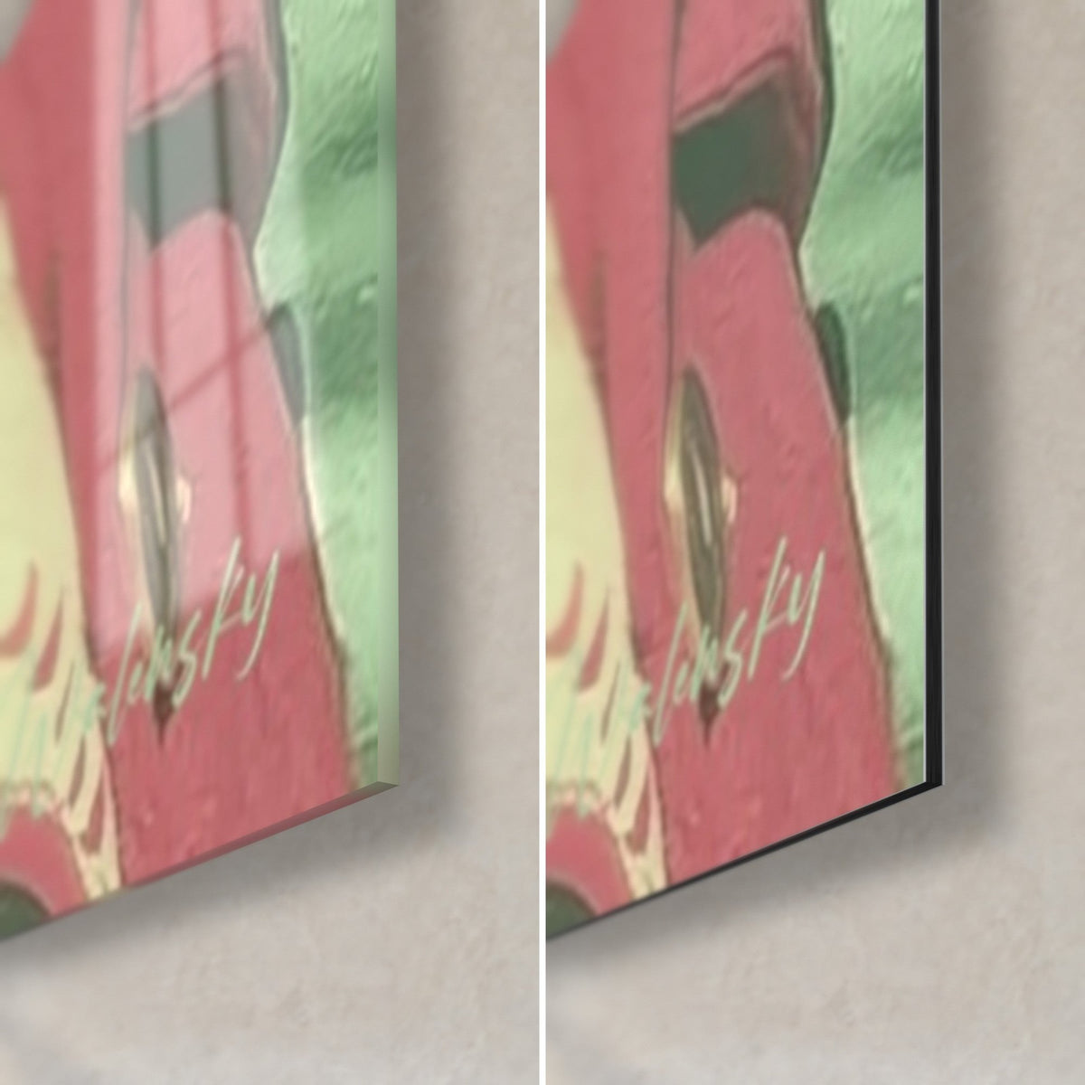 Tableau tête de mort fardée rose et ivoire, coin bas droit : verre acrylique brillant à gauche, Dibond mat à droite, tranche 3 mm