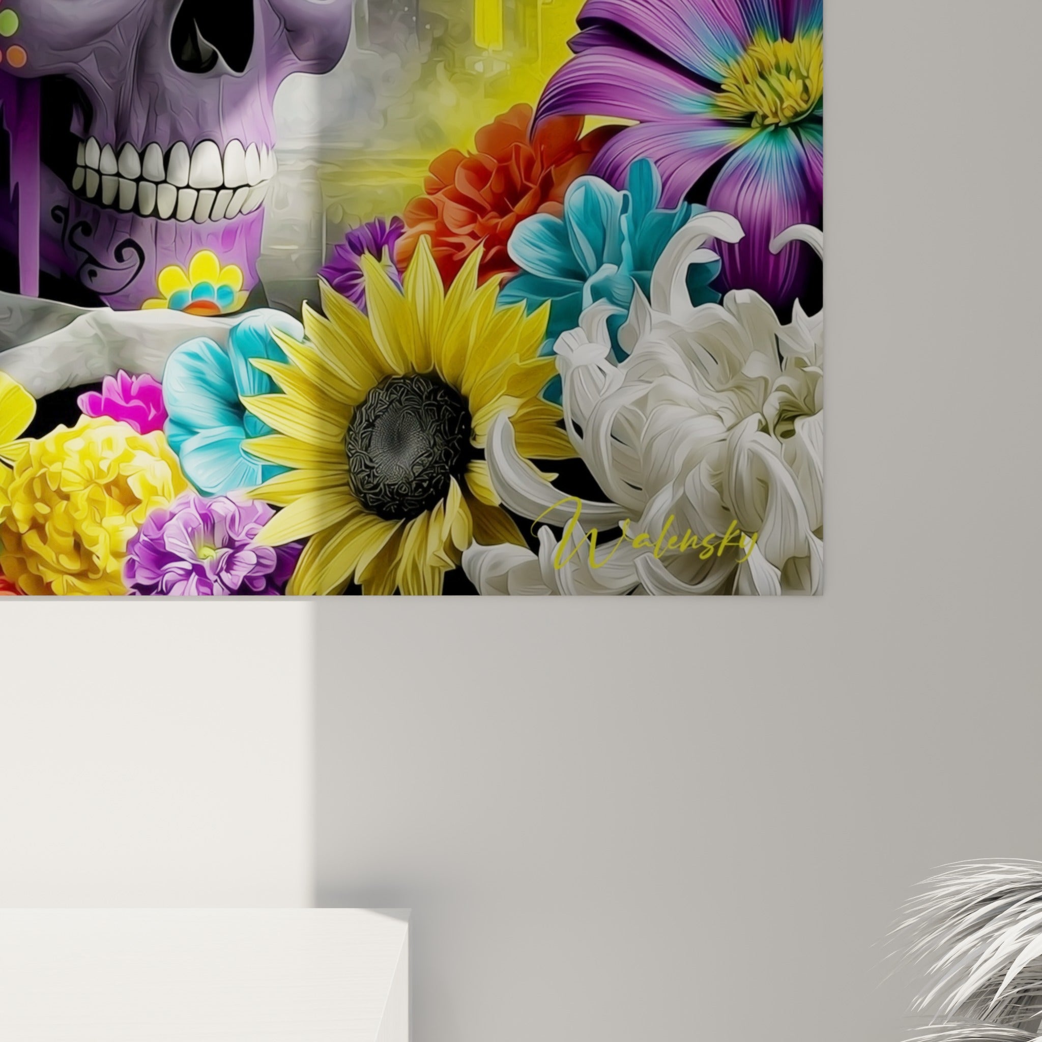 Détail des pétales roses et du grain texturé sur ce tableau crâne Dia de los Muertos aux teintes turquoise