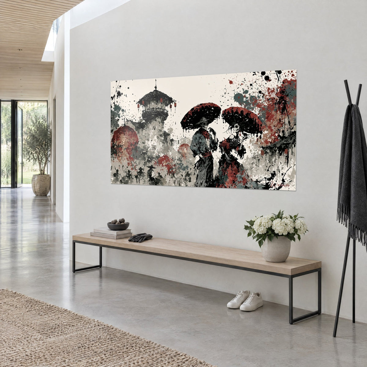 Gemälde Paar aus Calaveras unter breiten dunklen Hüten, graue und purpurne Spritzer, Dreiviertelansicht auf einer weißen Wand
