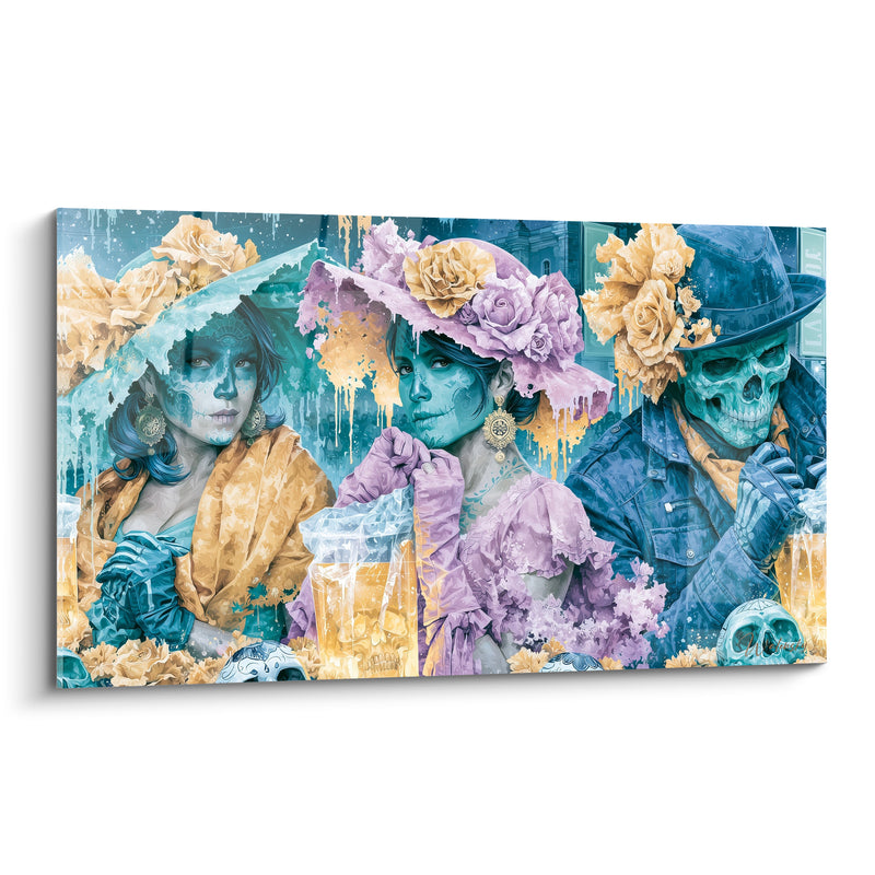 Tableau Trio maquillé bleu et doré aux verres levés - Chapeaux à larges bords - Edition Dia de los Muertos