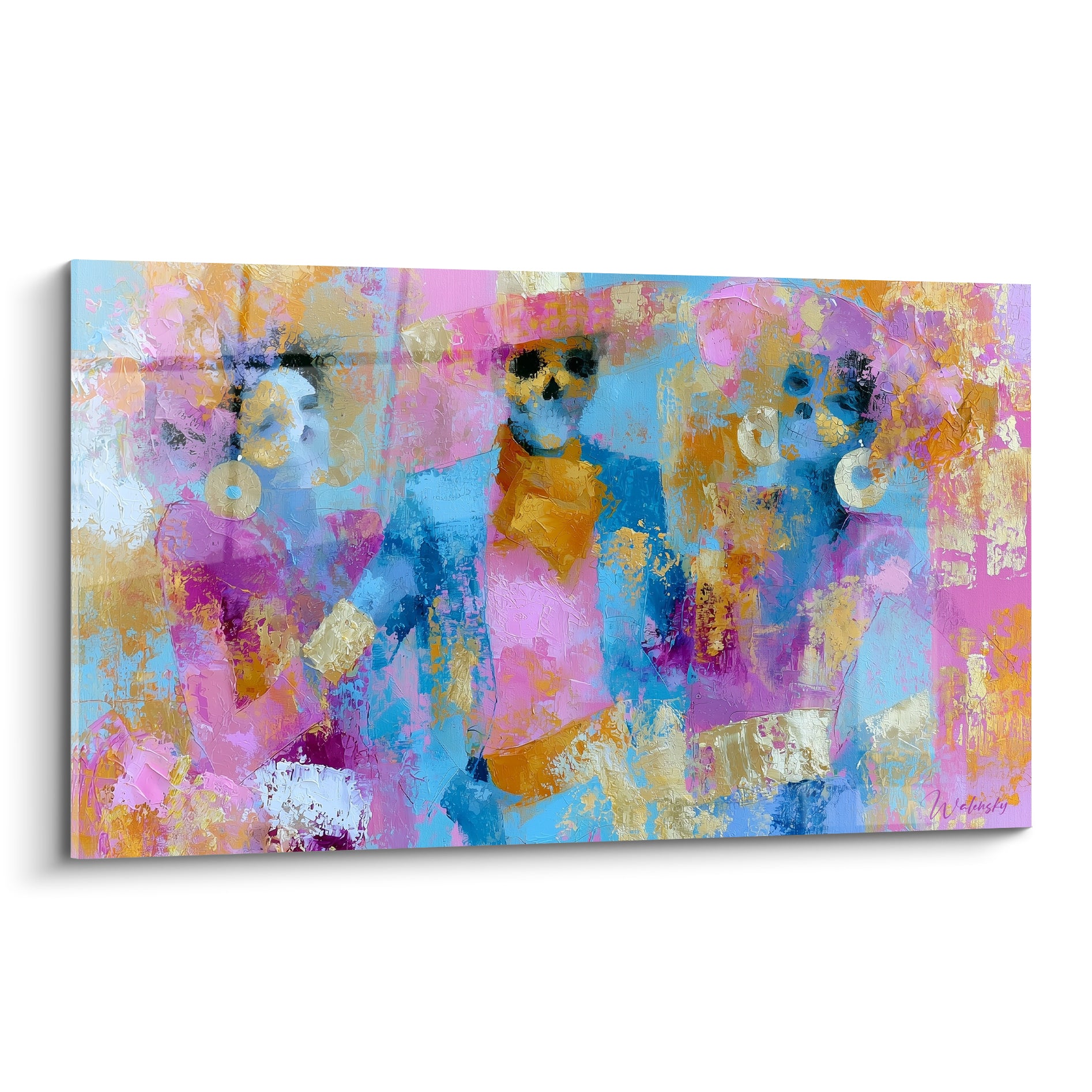 Trio de crânes Dia de los Muertos en rose fuchsia et bleu poudré, touches dorées éclatantes