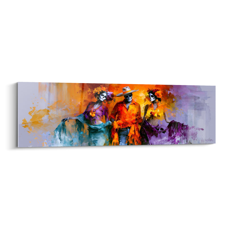Tableau Trio de squelettes orange et violet en fête - Chapeau blanc et foulard turquoise - Edition Dia de los Muertos
