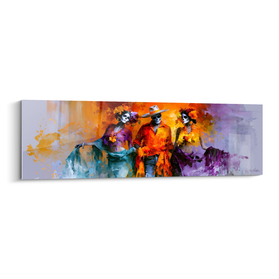 Tableau Trio de squelettes orange et violet en fête - Chapeau blanc et foulard turquoise - Edition Dia de los Muertos