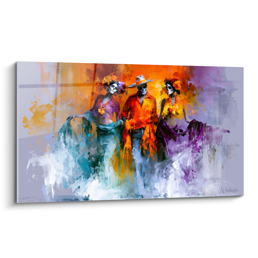 Tableau Trio squelettes orange et violet en marche - Cortège flamboyant - Edition Dia de los Muertos