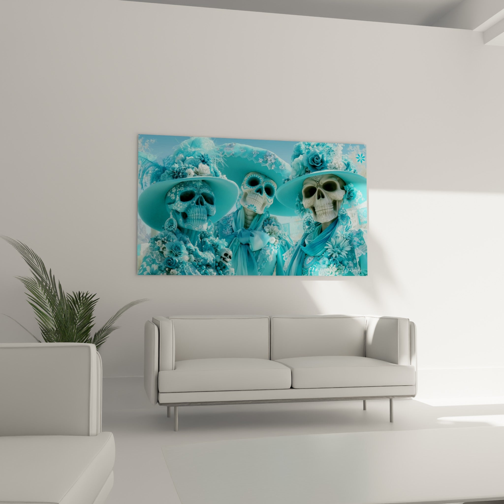 Figures fantomatiques Dia de los Muertos en bleu ciel et blanc, au-dessus d'un canapé dans un salon lumineux