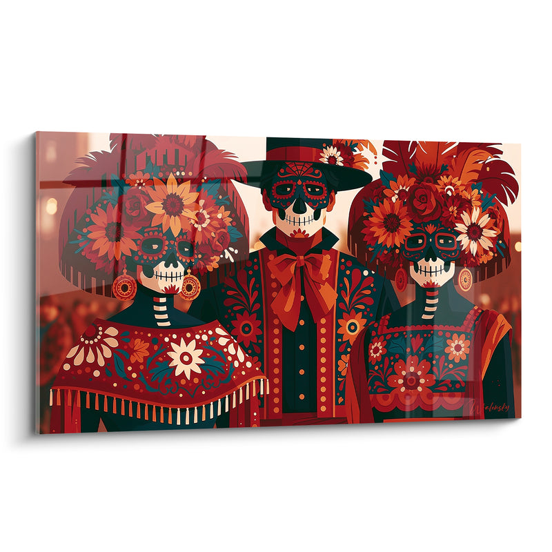 Tableau Trio de squelettes rouge et turquoise fleuris - Réunion des ancêtres - Edition Dia de los Muertos