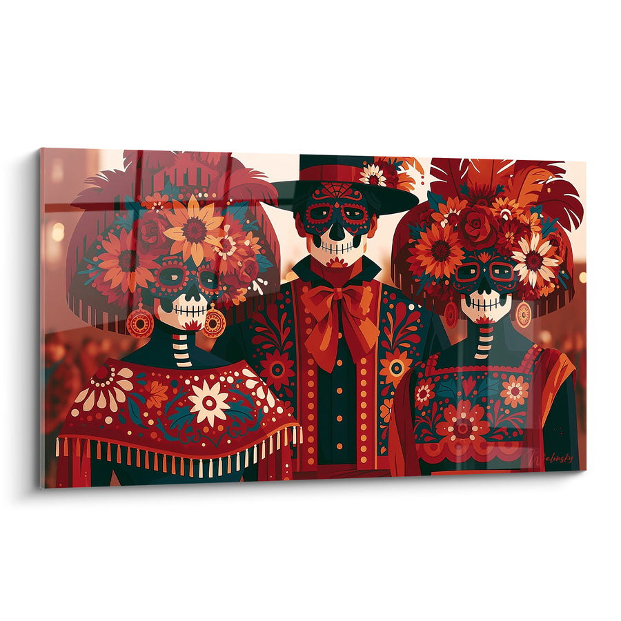 Tableau Trio de squelettes rouge et turquoise fleuris - Réunion des ancêtres - Edition Dia de los Muertos
