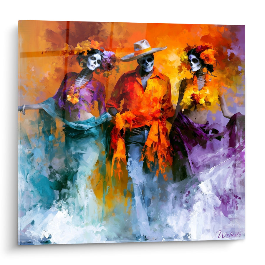 Tableau Trio de squelettes orange et violet - Danse des ancêtres - Edition Dia de los Muertos