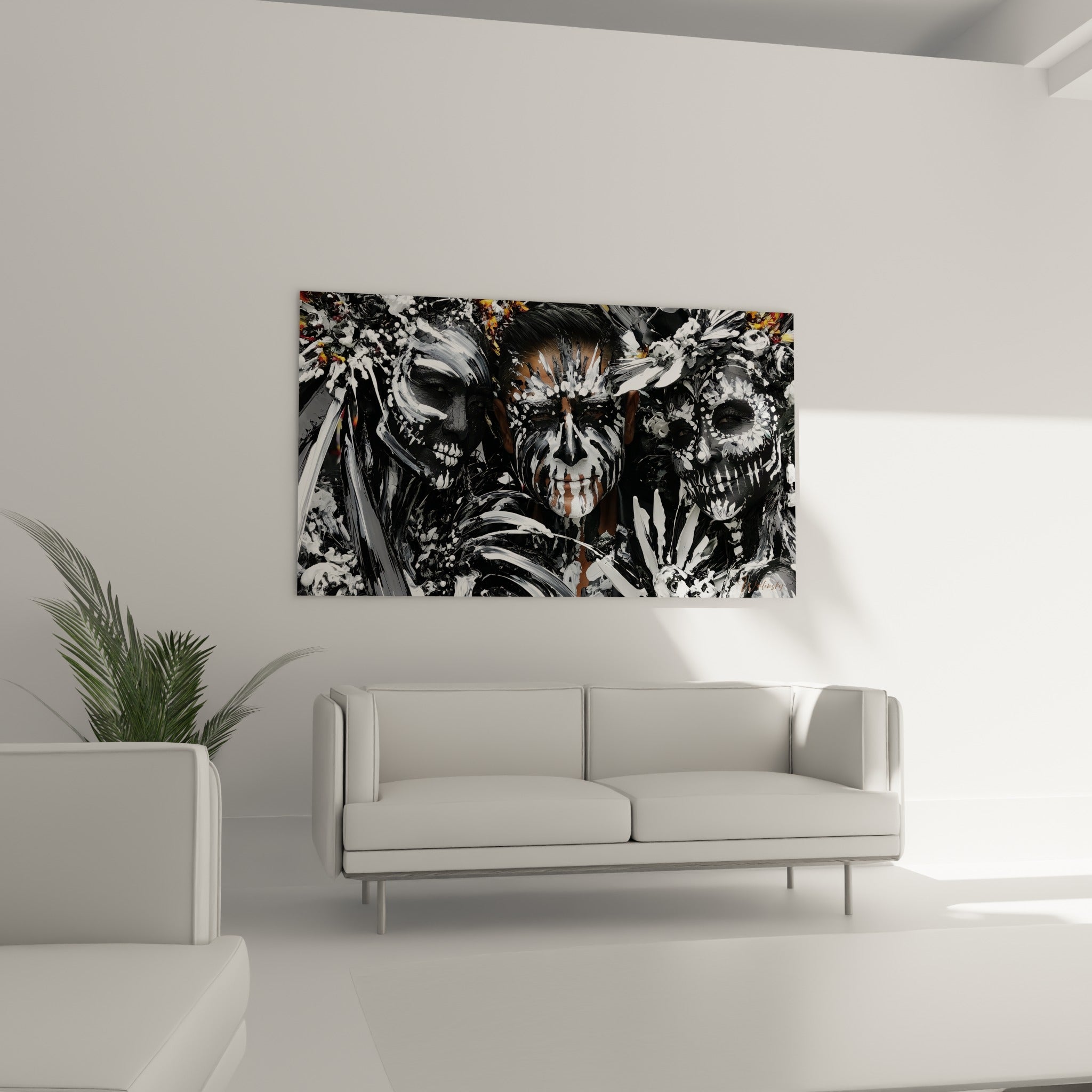 Maquillage squelettique Dia de los Muertos en noir profond et blanc crayeux, au-dessus d'un canapé dans un salon lumineux