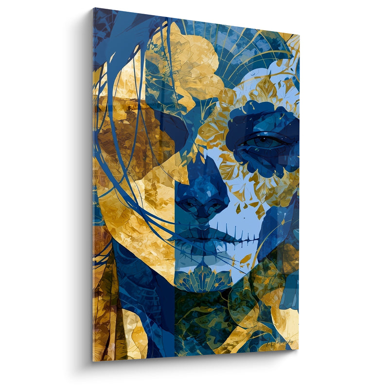 Tableau Visage peint bleu et doré aux racines filaires - Œil unique visible - Edition Dia de los Muertos