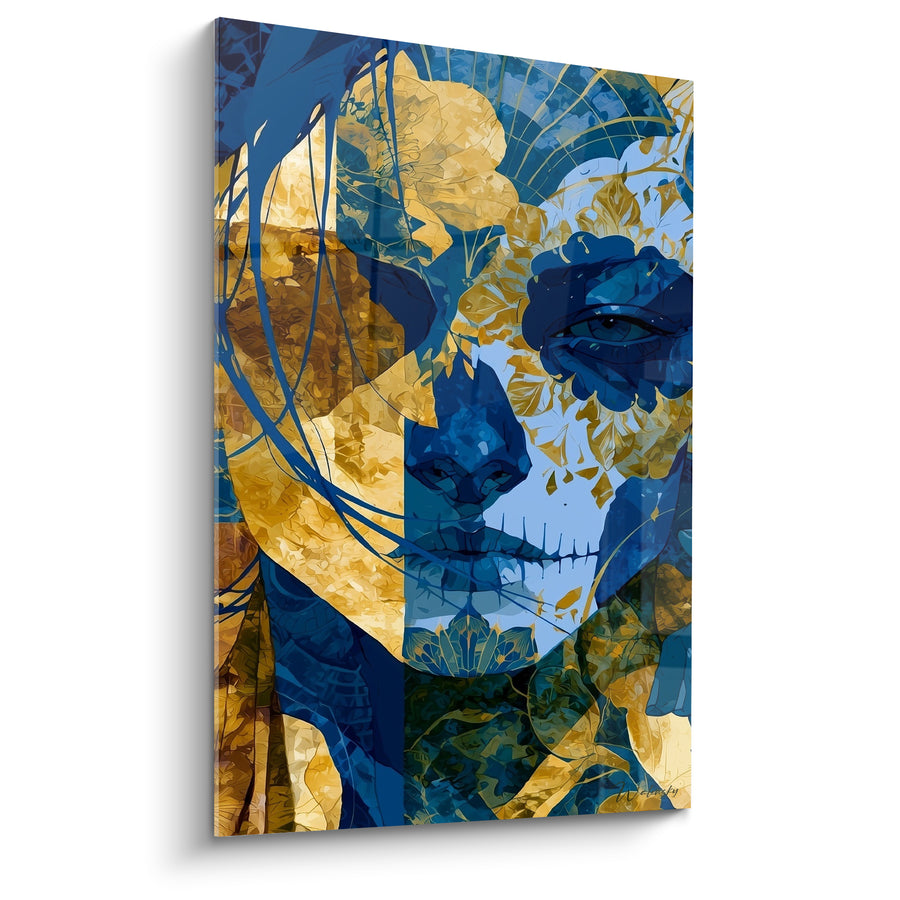 Tableau Visage peint bleu et doré aux racines filaires - Œil unique visible - Edition Dia de los Muertos