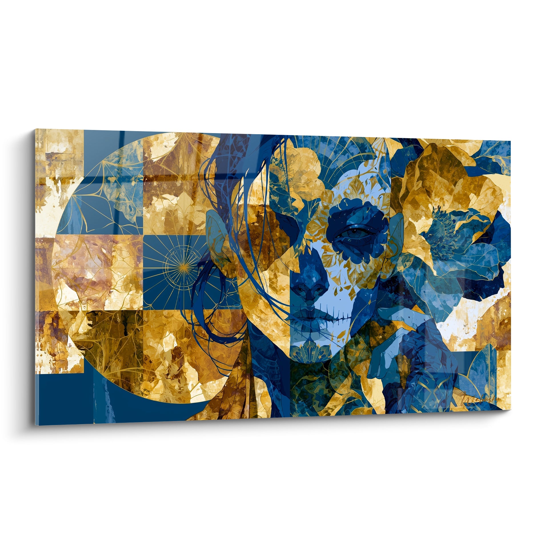 Visage Dia de los Muertos bleu marine et doré orné de fleurs graphiques peintes en aplat