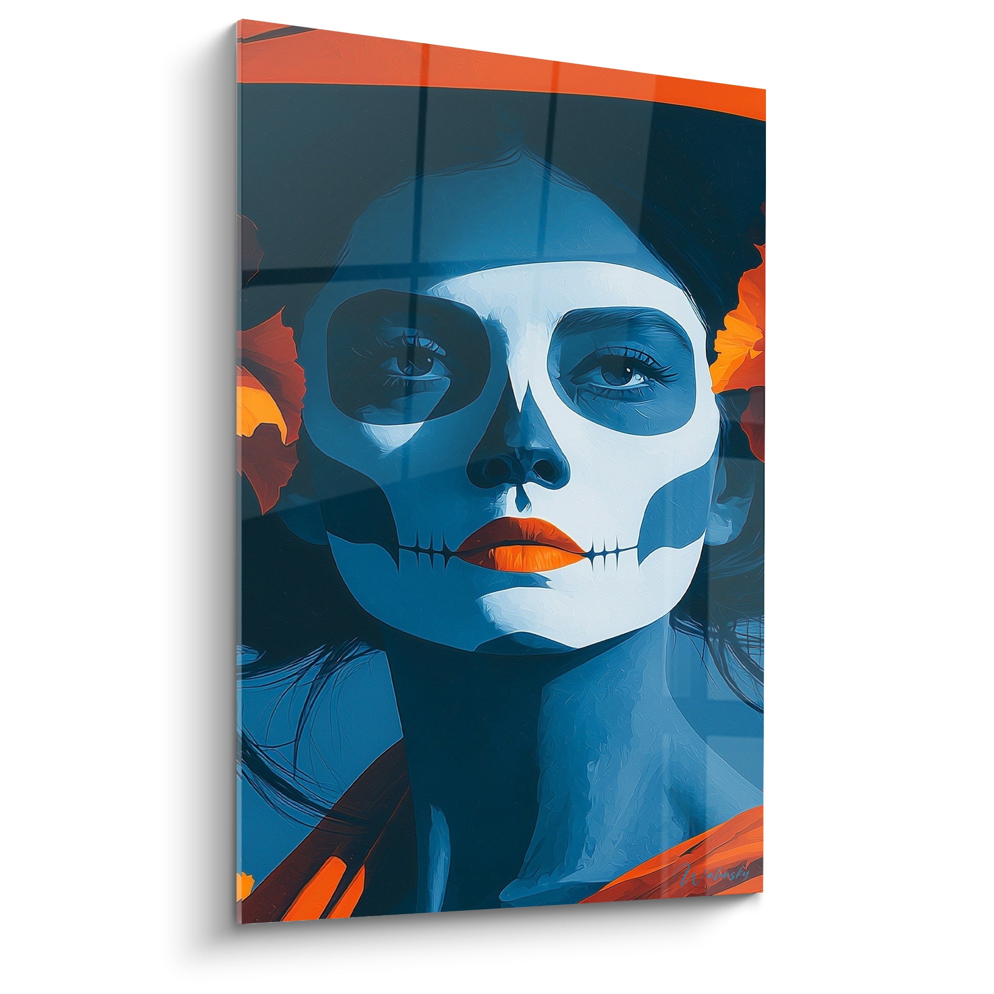 Visage bleu marine maquillé en crâne peint, lèvres orange vif, fleurs orangées, style graphique Dia de los Muertos