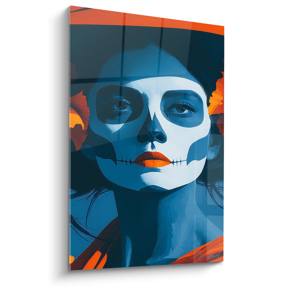 Painting Face painted blue and orange with vibrant lips - Framing orange flowers - Dia de los Muertos Edition