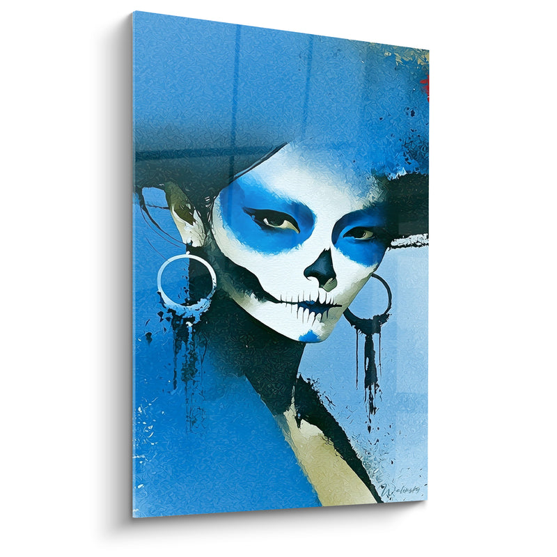 Tableau Visage peint bleu et blanc aux créoles ruisselantes - Regard félin intense - Edition Dia de los Muertos