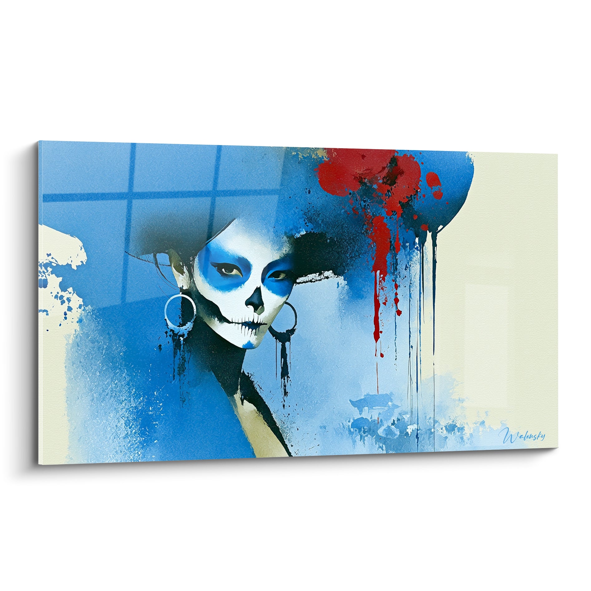 Visage Dia de los Muertos peint en bleu marine avec coulures rouges et anneaux dorés en pleine toile