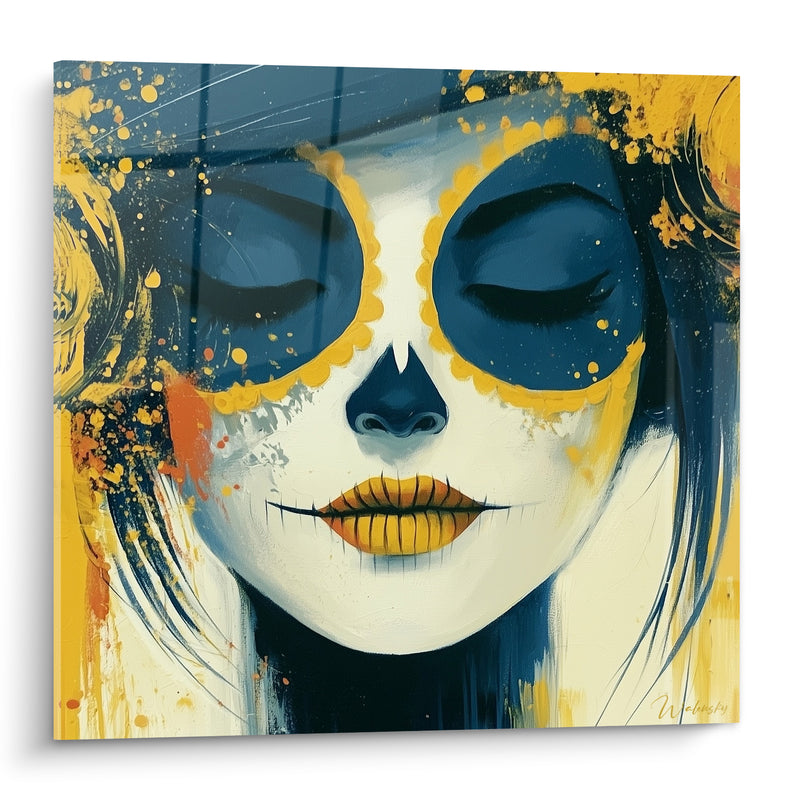 Tableau Visage bleu marine et doré aux yeux clos - Silence recueilli - Edition Dia de los Muertos