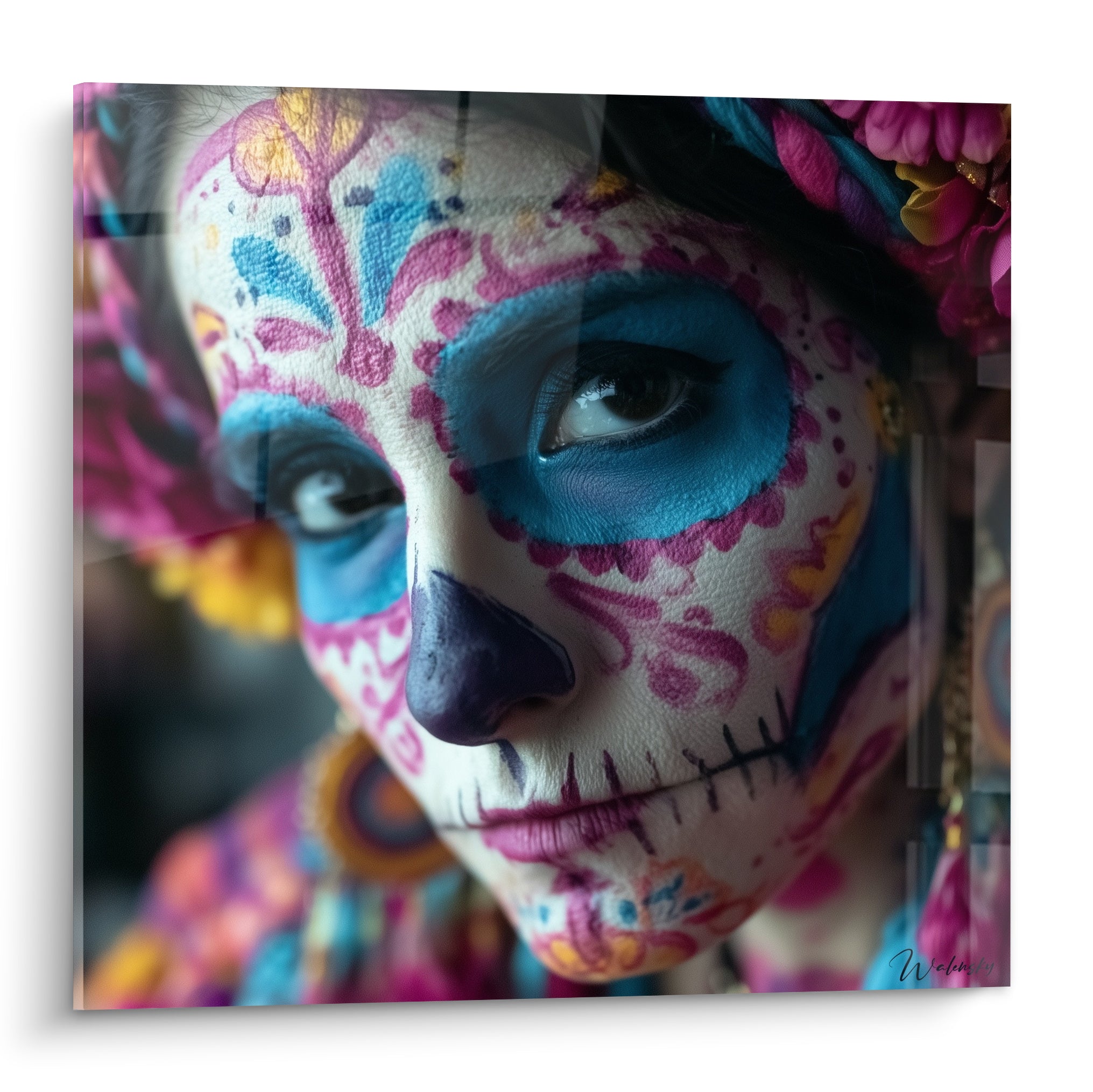 Visage Calavera peint en bleu turquoise et rose fuchsia, motifs floraux détaillés, regard intense