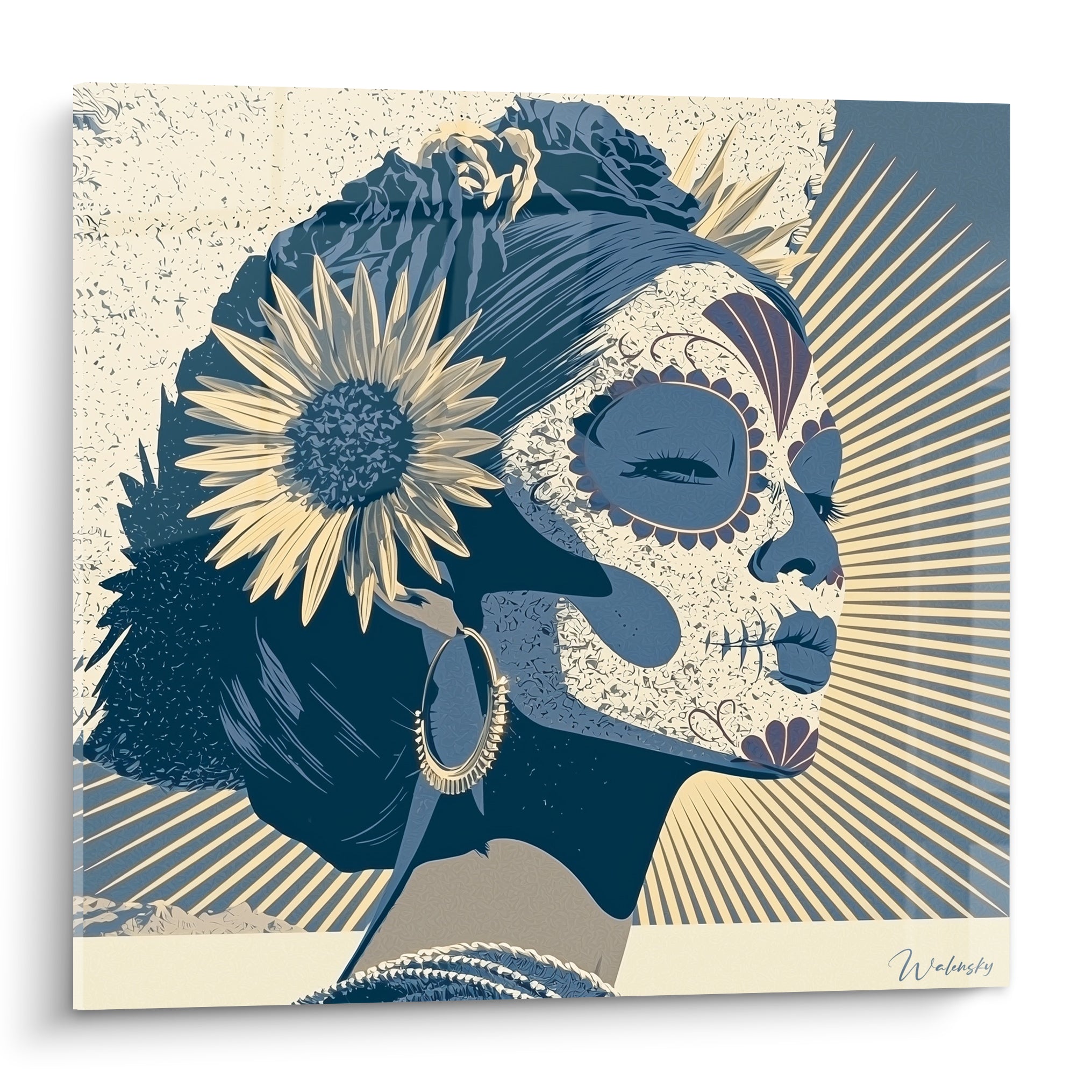 Profil féminin Dia de los Muertos bleu marine et doré, tournesol et rayons lumineux en arrière-plan