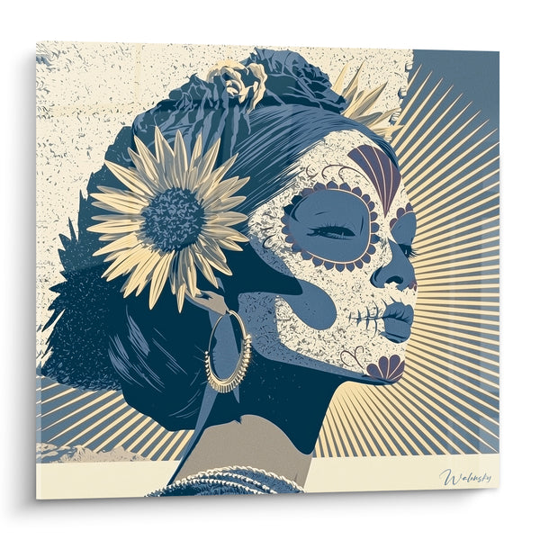 Blue and Gold Face with Sunflower Painting - Ritual Serenity - Dia de los Muertos Edition