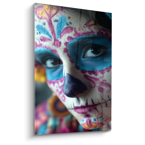 Painting Face painted pink and blue with a violet nose - Painted stitches - Dia de los Muertos Edition