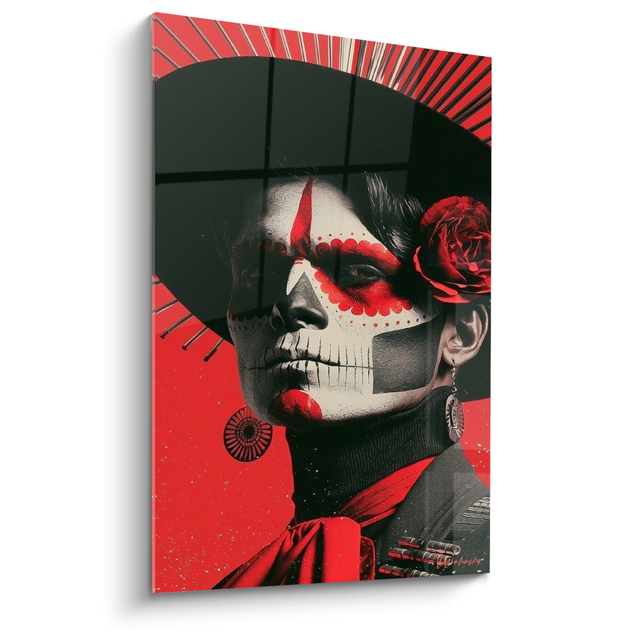 Tableau Visage peint rouge et noir à la rose - Chapeau à rayons - Edition Dia de los Muertos