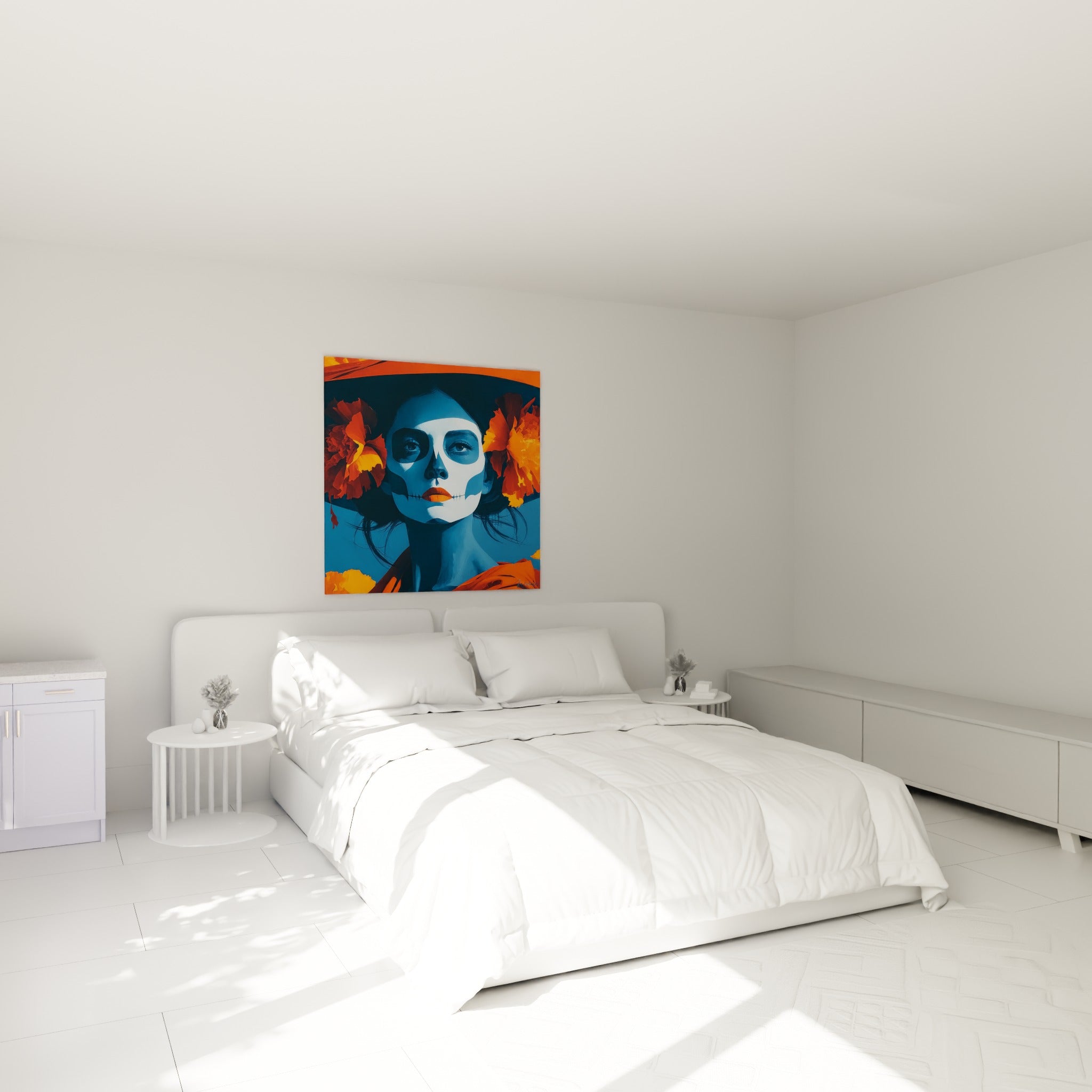 Portrait Dia de los Muertos aux tons bleu marine et orange accroché au-dessus d'un lit dans une chambre claire