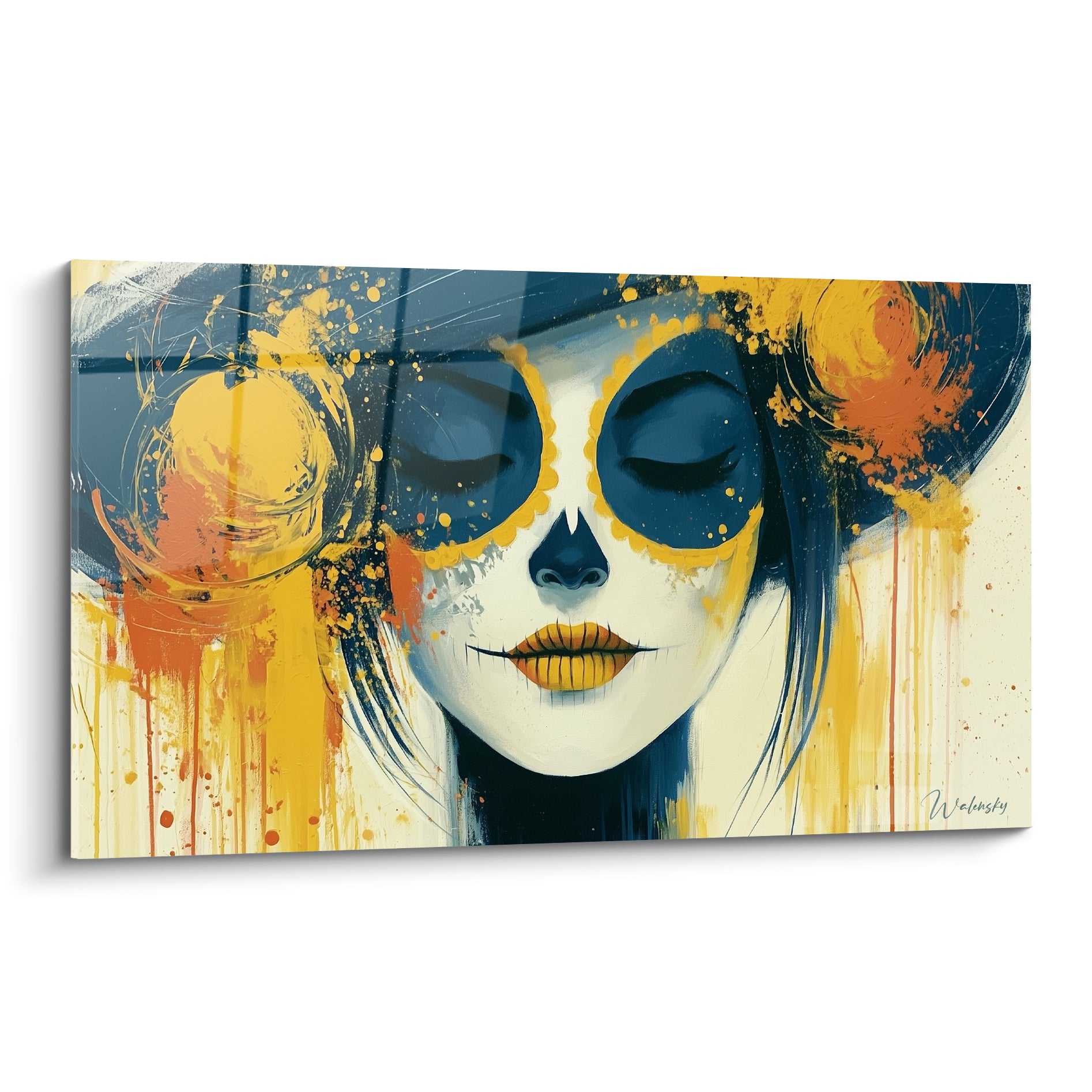 Visage peint aux yeux clos, maquillage doré et bleu marine, coulures orangées, tableau Dia de los Muertos