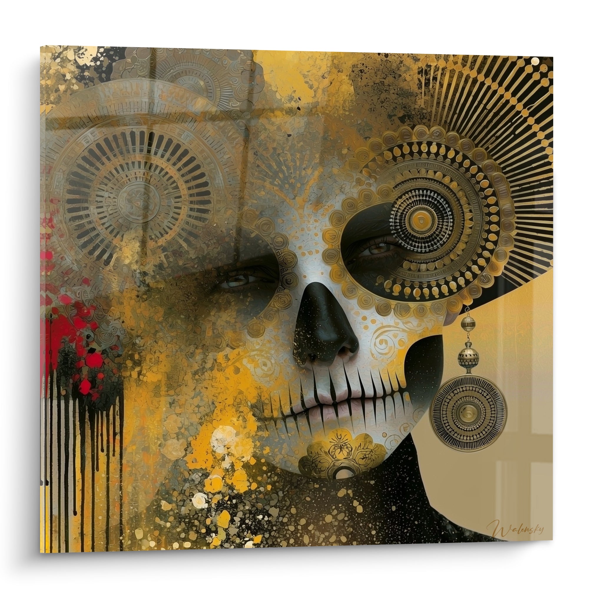 Visage peint Dia de los Muertos en doré et noir, motifs mandala et regard intense