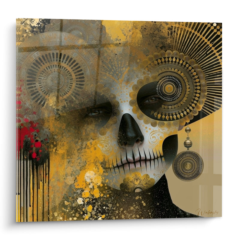 Tableau Visage peint doré et noir aux boucles d'oreilles rondes - Éclaboussures rouges et coulures - Edition Dia de los Muertos