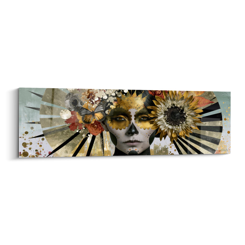 Tableau Visage peint doré et noir au papillon monarque - Grand tournesol rayonnant - Edition Dia de los Muertos