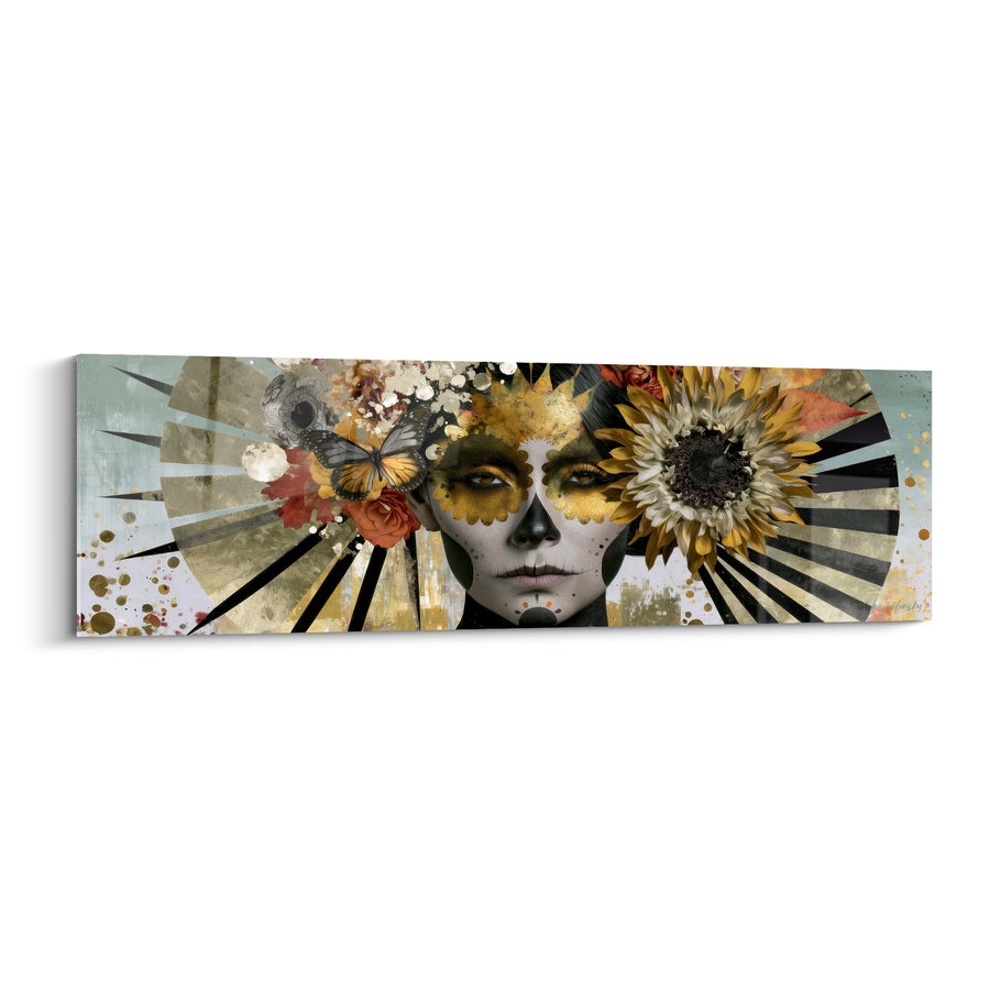 Tableau Visage peint doré et noir au papillon monarque - Grand tournesol rayonnant - Edition Dia de los Muertos
