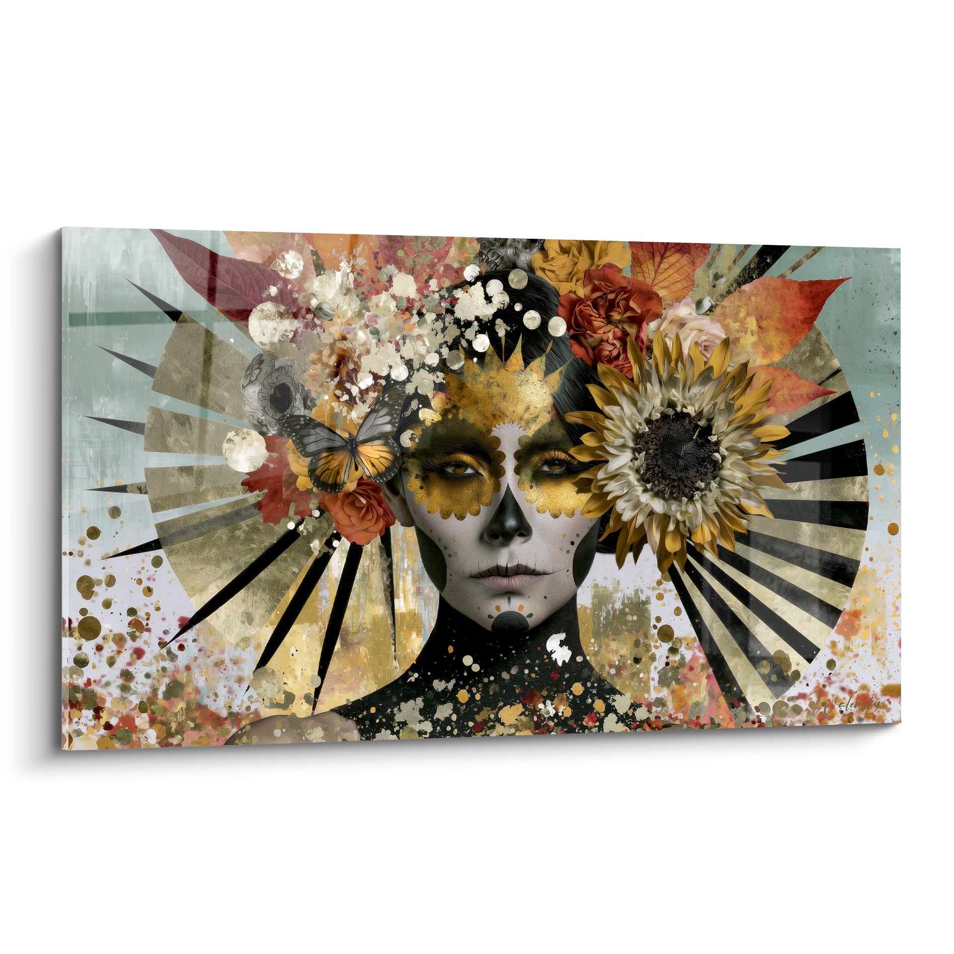 Visage au maquillage doré du Dia de los Muertos entouré de tournesol ocre et papillon orangé