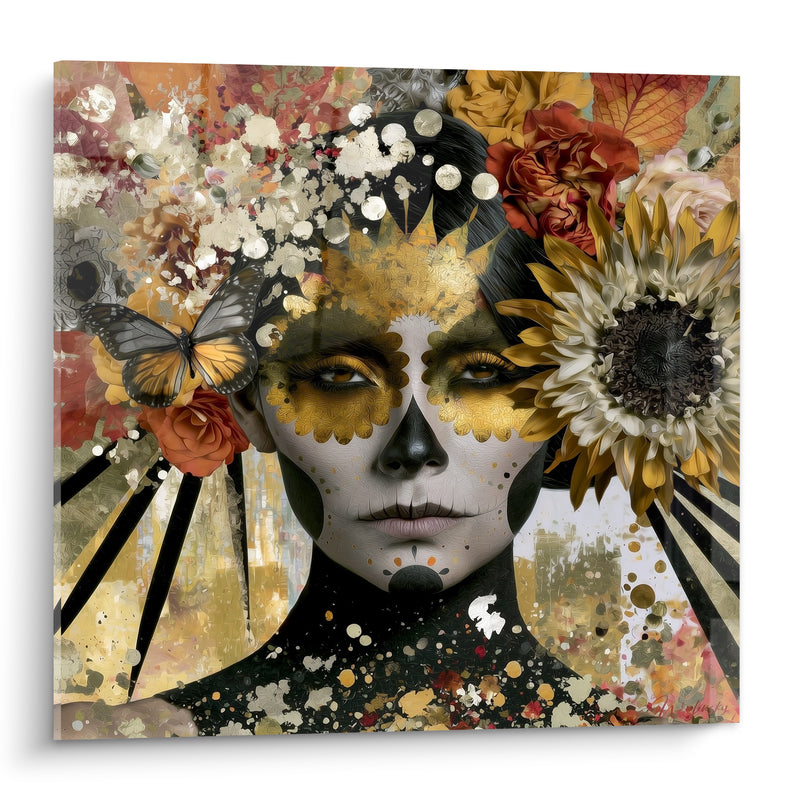 Tableau Visage doré aux fleurs de tournesol - Offrande florale - Edition Dia de los Muertos