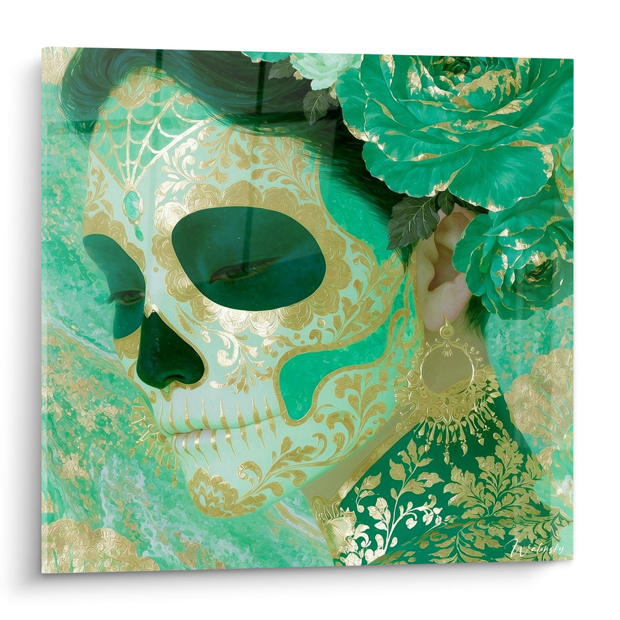 Tableau Visage vert émeraude au maquillage doré - Veillée florale - Edition Dia de los Muertos