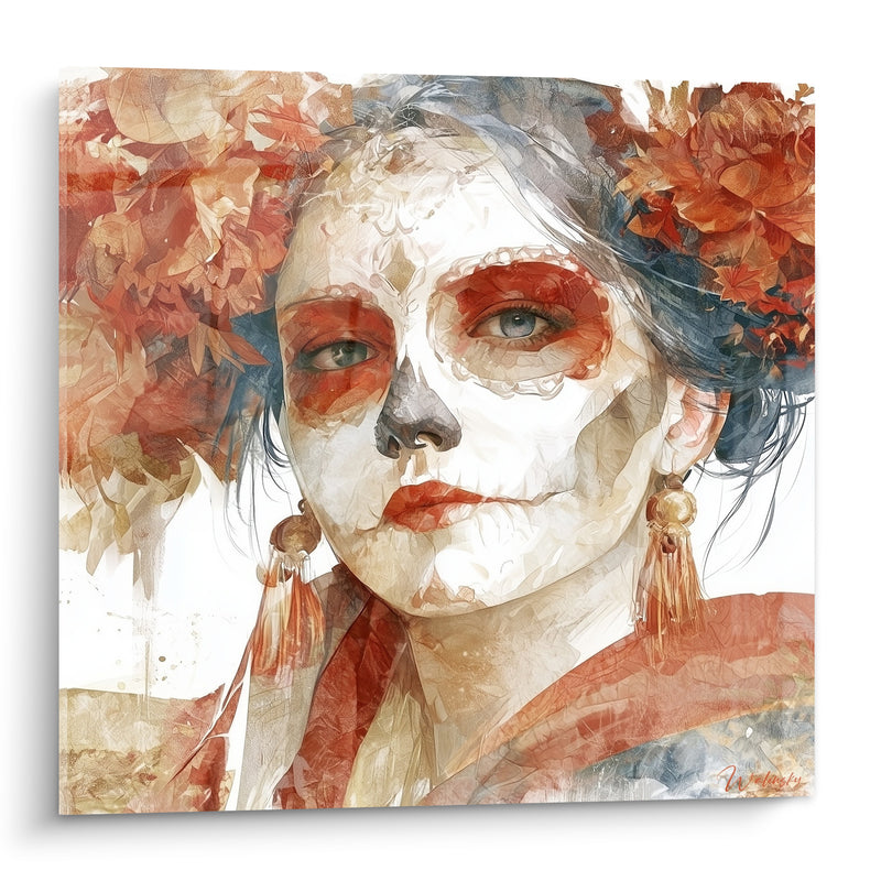 Tableau Visage peint terracotta et ivoire aux pampilles dorées - Yeux bleus perçants - Edition Dia de los Muertos