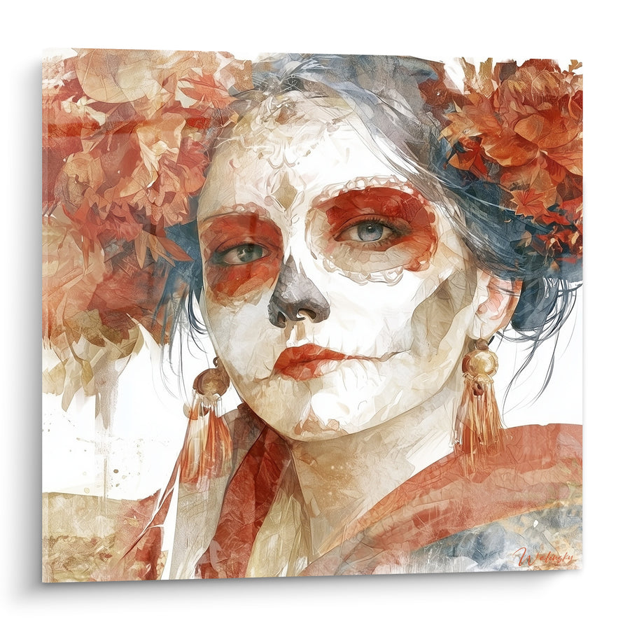 Tableau Visage peint terracotta et ivoire aux pampilles dorées - Yeux bleus perçants - Edition Dia de los Muertos