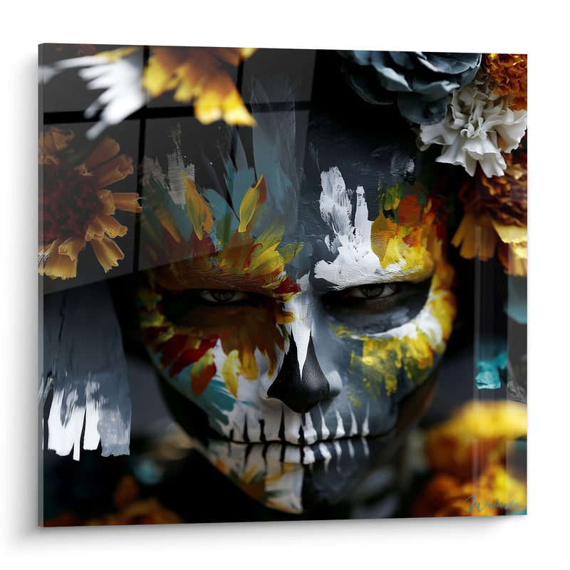 Tableau Visage peint anthracite et jaune aux fleurs d'œillets - Regard perçant fragmenté - Edition Dia de los Muertos