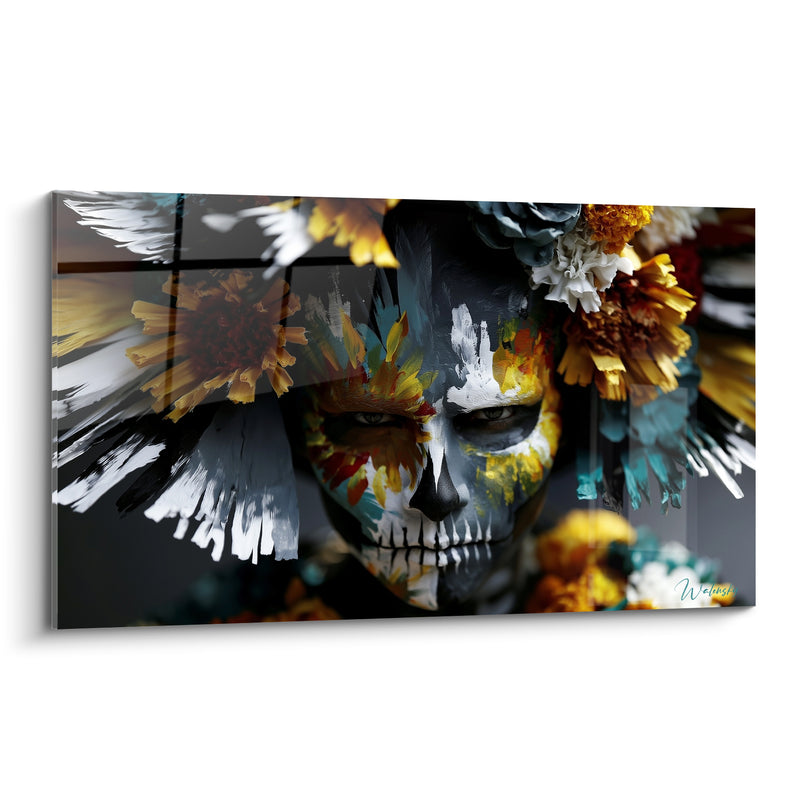 Tableau Visage peint anthracite et safran aux touches éclatées - Fleurs jaunes en couronne - Edition Dia de los Muertos