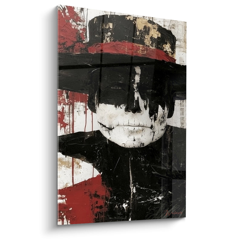 Tableau Visage peint noir et rouge au haut-de-forme - Coulures d'encre craquelées - Edition Dia de los Muertos