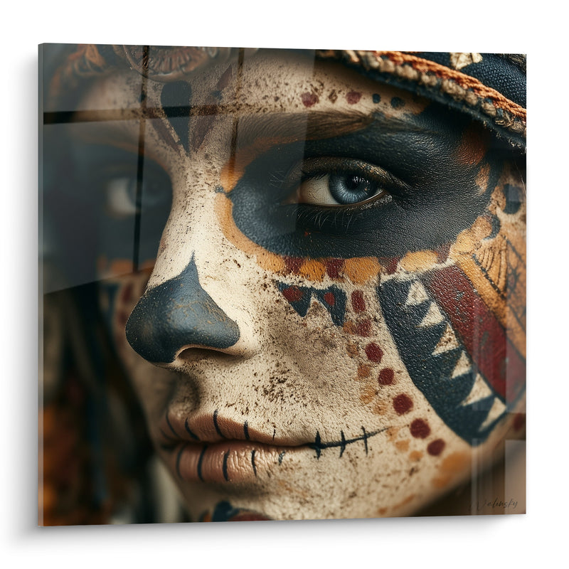 Tableau Visage peint aux motifs ocre et anthracite - Regard suspendu - Edition Dia de los Muertos