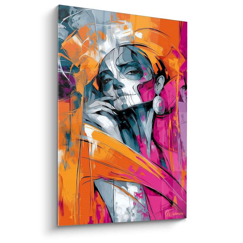 Tableau Visage peint orange et magenta à main posée - Boucle d'oreille ronde argentée - Edition Dia de los Muertos