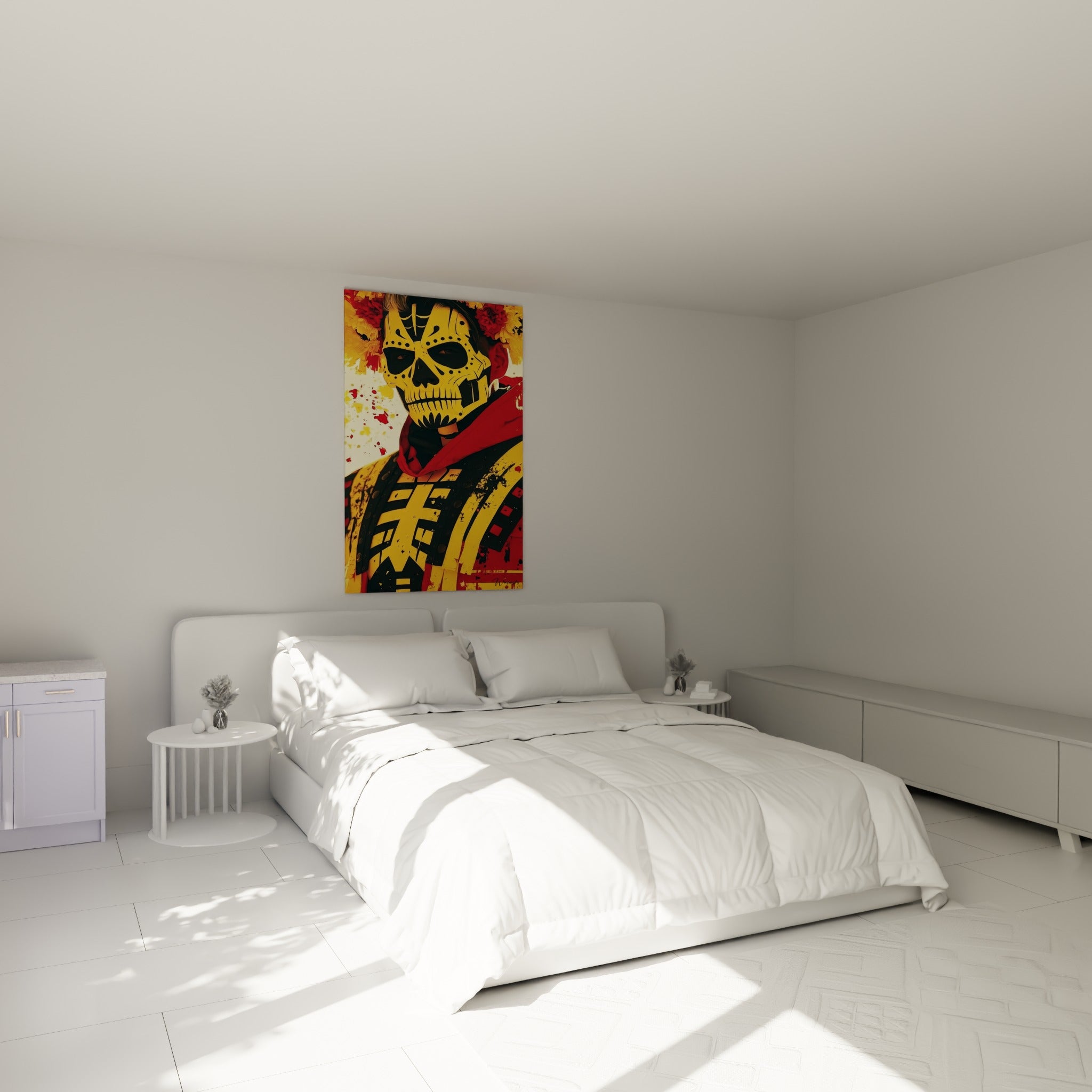Visage stylisé jaune et rouge évoquant le Dia de los Muertos, au-dessus d'un lit dans une chambre claire.