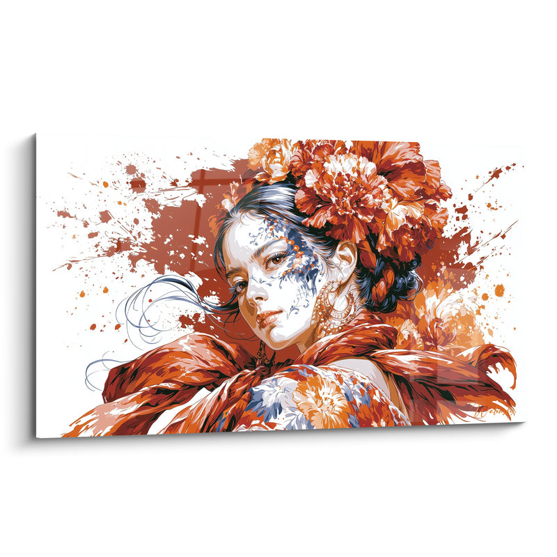 Tableau Visage peint terracotta et ivoire aux œillets géants - Boucles d'oreilles créoles dorées - Edition Dia de los Muertos